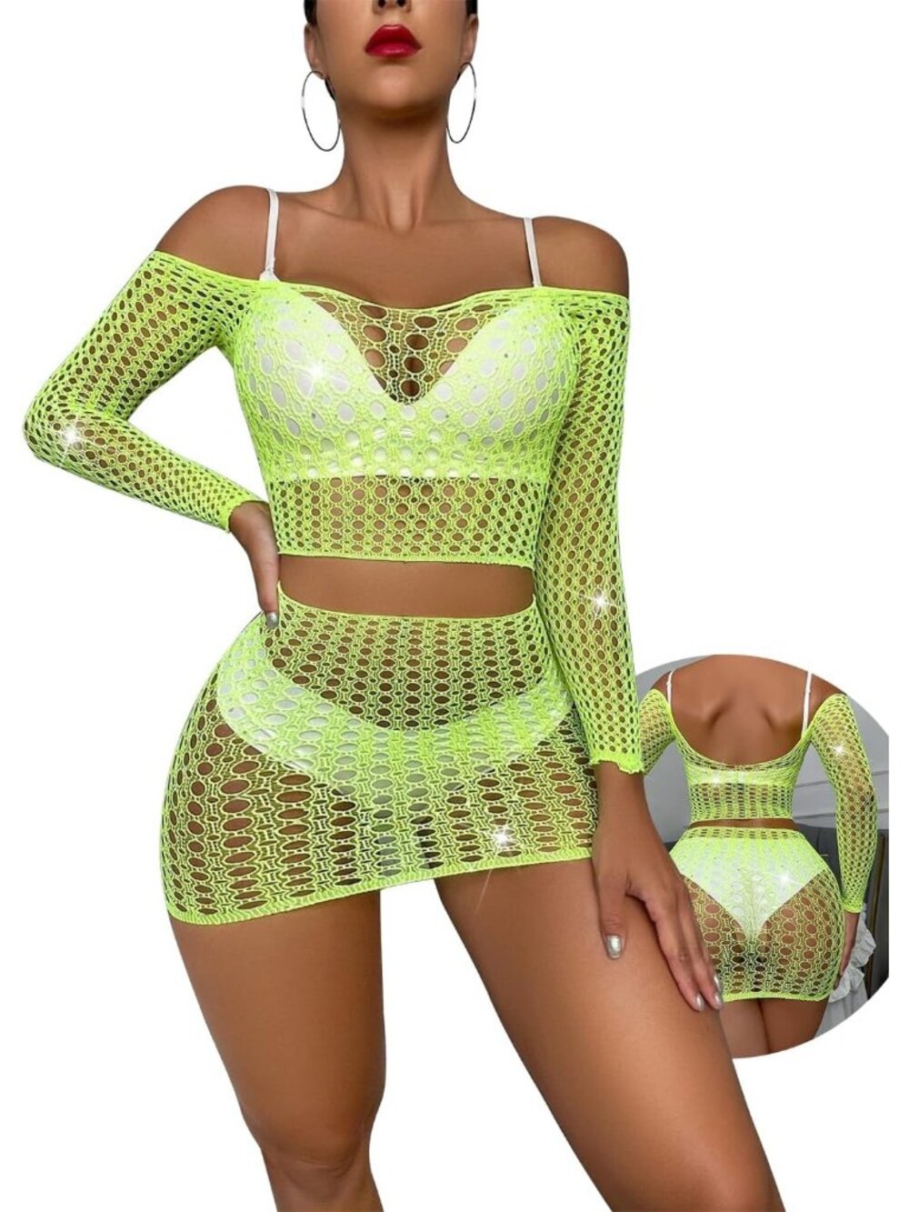 Women's Green Sparkly Sheer Lingerie Set Micro Bra & G-String Bikini